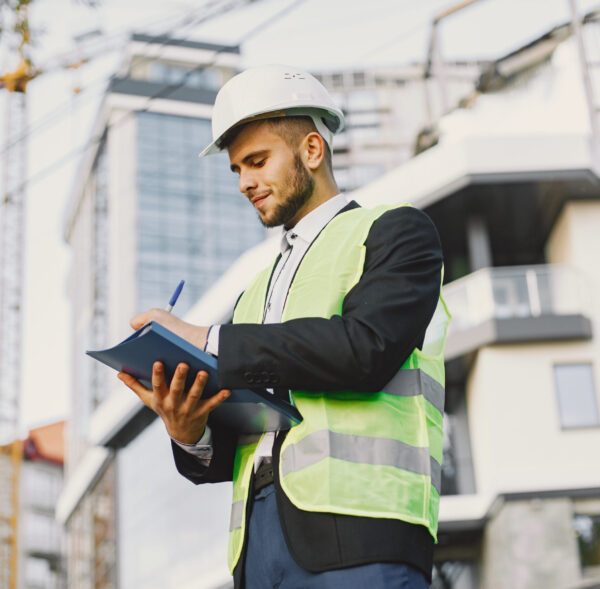 Man in builder uniform holding older. Looking at building plan. Modern city setting.